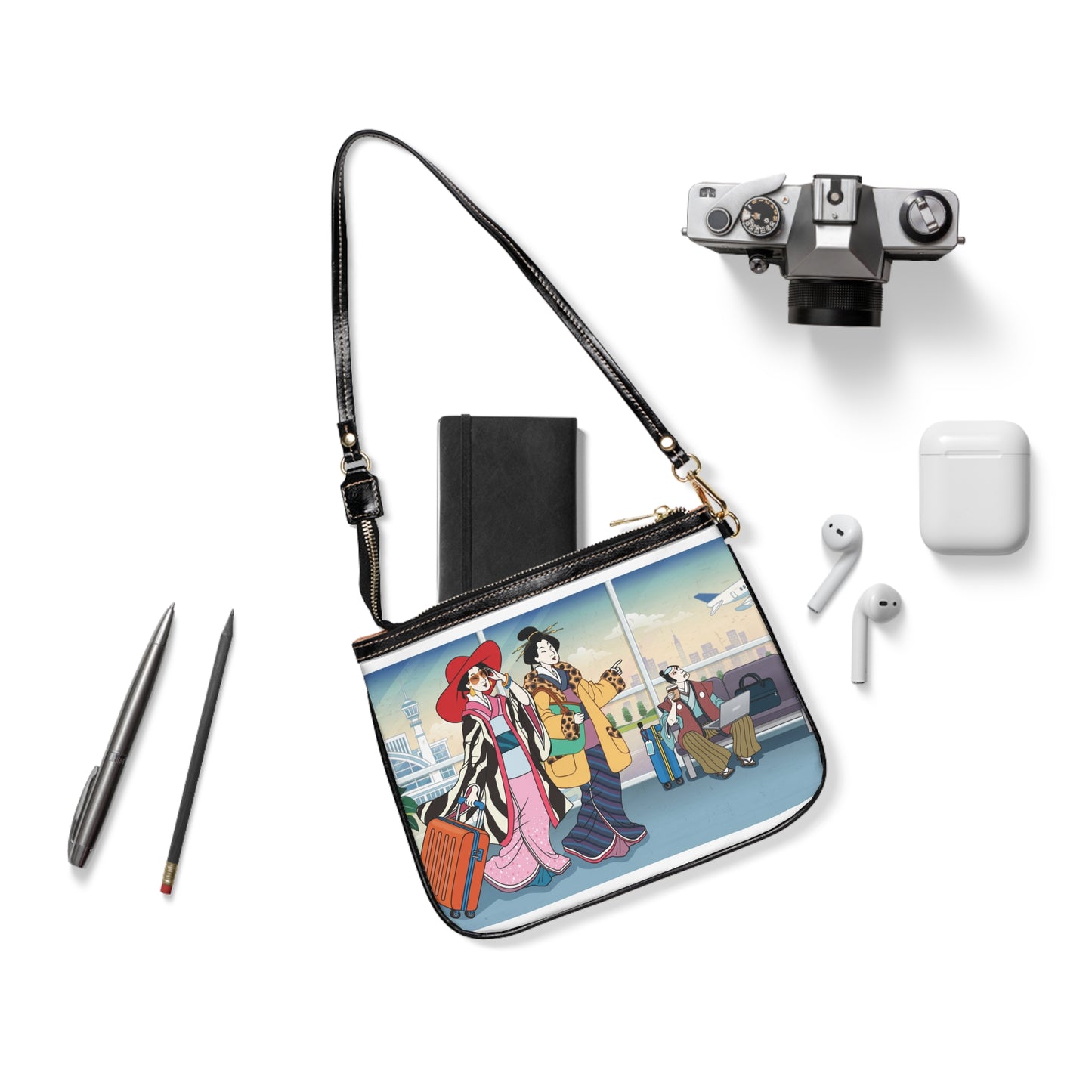 Chic Travel Small Shoulder Bag - Stylish Airport Scene Design