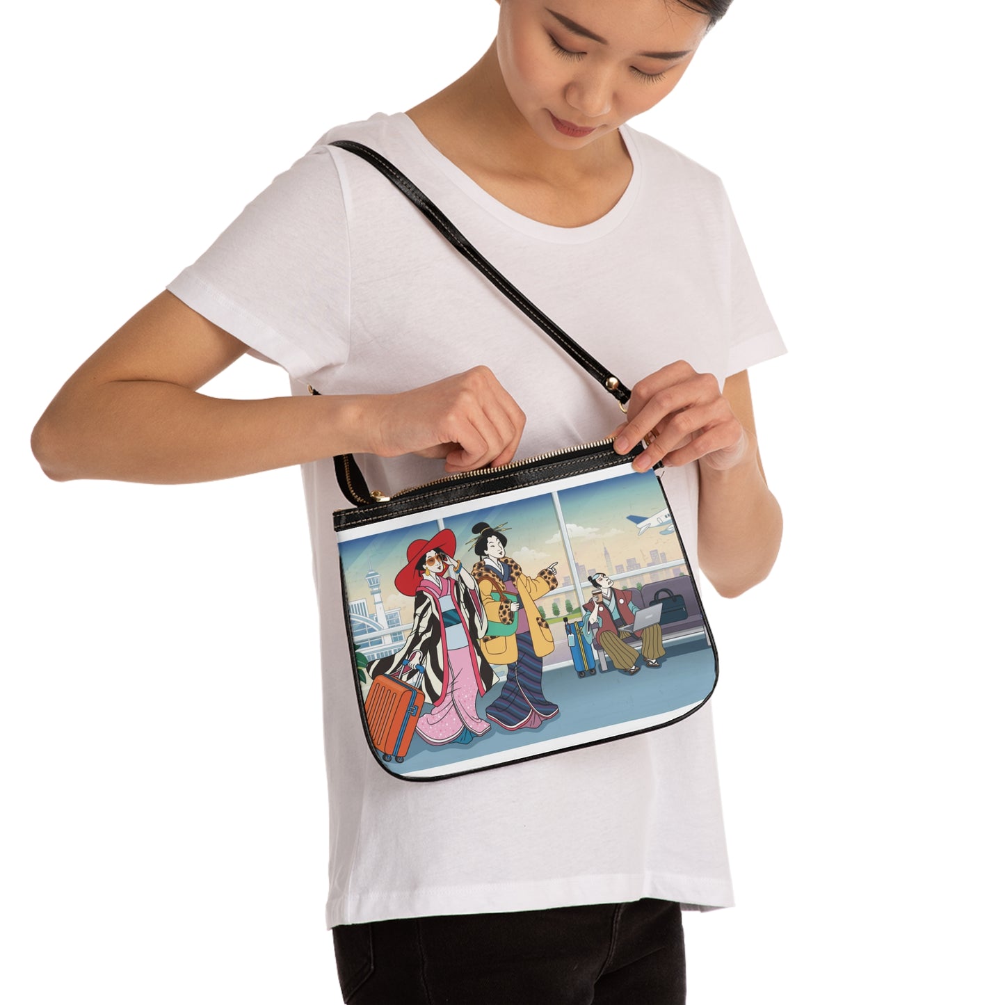 Chic Travel Small Shoulder Bag - Stylish Airport Scene Design
